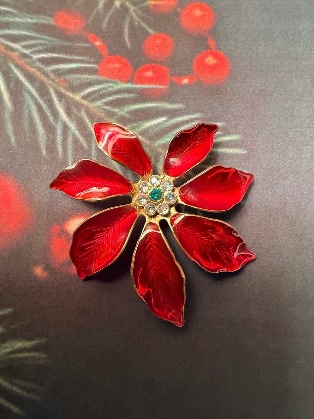 Red Floral Petal Brooch with Crystal Accents